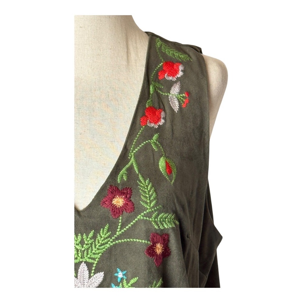 Umgee Dress‎ Women Small Olive Green Faux Suede Floral Embroidered Mini Bohemian - Picture 7 of 11